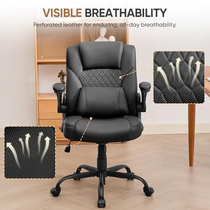 Home Office Chair with Lumbar Support, 5" Thickened Seat, Small PU Leather Rocking Desk Chair, Comfy Computer Chairs with Rolling Wheels & Adjustable Armrests for Adults, Black - color: Black