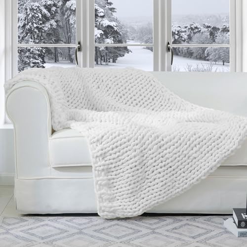 Cheer Collection Chunky Knit Blanket - Throw Blankets for Bed & Couch, Cozy Chunky Knit Throw Blanket, Ultra-Soft Oversized Knitted Blanket, Machine Washable Knit Throw Blanket- 50''x60'', White - color: White