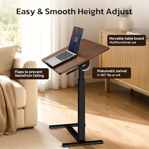 Mobile Standing Desk Adjustable Overbed Table, Pneumatic Height Adjustable Rolling Laptop Desk with Hidden Wheels, 0-180°Tilt Top Rolling Computer Cart Foldable for Home Office, Craft & Study, Brown - color: Brown, style: Fully Tiltable
