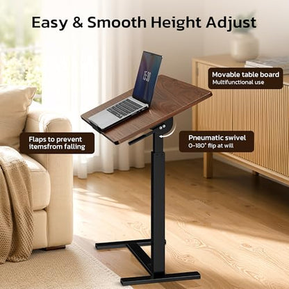 Mobile Standing Desk Adjustable Overbed Table, Pneumatic Height Adjustable Rolling Laptop Desk with Hidden Wheels, 0-180°Tilt Top Rolling Computer Cart Foldable for Home Office, Craft & Study, Brown - color: Brown, style: Fully Tiltable