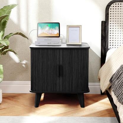 24" Large Square End Table with Charging Station, Farmhouse Fluted Sofa Side Table with Sliding Tambour Door & Storage, Curved Rustic Wood Nightstand for Living Room, Bedroom, Black - color: Black