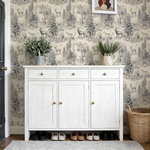 Vintage Forest Woodland Animal Sketch Peel and Stick Wallpaper | Gray and Cream Rustic Forest Pattern Wallpaper for Home Decor | 17.7" x 118", Self-Adhesive, Waterproof Vinyl - color: ML-M097, size: 17.7" x 236"