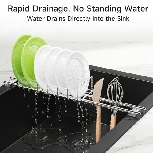 Expandable Over the Sink Plate Drying Rack with Dish Cloth Holder, Small Metal Dish Dryer Rack, Space-Saving Sink Drainer for Plates, Dish Rags, Sponges, Brushes, and Bottles (Silver)