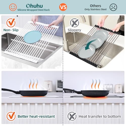 Ohuhu Over Sink Dish Drying Rack, 17.6" W x 15.4" L Roll Up Dish Racks Kitchen Sink Organizer Silicone Wrapped Large in Sink Dish Drying Rack Foldable Rolling Drain Mats Anti-Slip - color: White, size: 17.6"W x 15.4"L