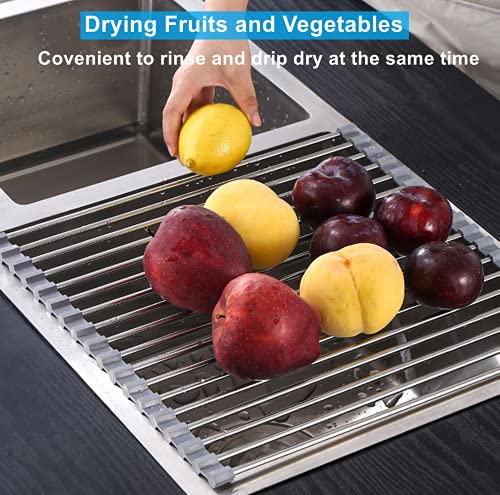 Seropy Roll Up Dish Drying Rack Over The Sink for RV Sink 17.5x15.7 in Kitchen Drying Rack Folding Dish Drainer Mat Rolling Dish Rack Foldable Rack Stainless Steel Wide Kitchen Dry Rack - color: Gray, size: 17.5 x 15.7 in