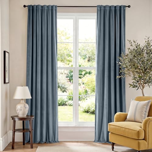 Blackout Dark Slate Velvet Curtains Rod Pocket 52×90 Inch 2 Panels | Soft Velvet, For Bedroom & Living Space, Light Shifting Texture, Elegant Drape, Serene, Fresh - color: R | Dark Slate, size: 52"W x 90"L (Pack of 2)