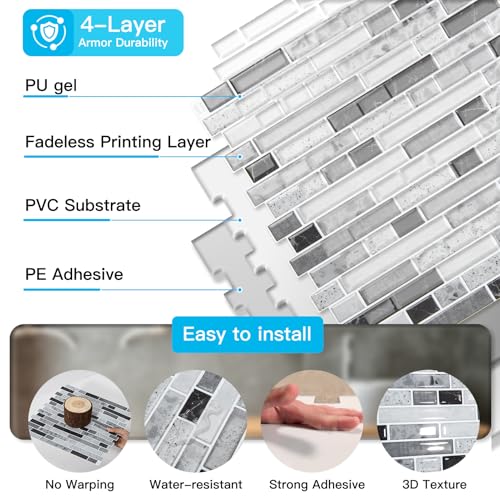 Art3d 10-Sheet Heavy-Duty Peel and Stick Backsplash, Waterproof Wall Tiles Stick on Kitchen Backsplash Living Space, Carrara Grey (Pack of 4) - color: Carrara Grey, size: 12 x 12 Inch (Pack of 4)