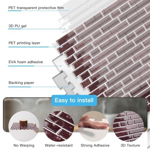 Art3d 10-Sheet Heavy-Duty Peel and Stick Backsplash, Waterproof Wall Tiles Stick on Kitchen Backsplash Living Space, Dark Burgundy - color: Dark Burgundy, size: 12 x 12 Inch