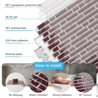 Art3d 10-Sheet Heavy-Duty Peel and Stick Backsplash, Waterproof Wall Tiles Stick on Kitchen Backsplash Living Space, Dark Burgundy - color: Dark Burgundy, size: 12 x 12 Inch