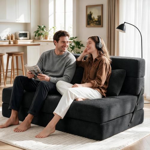 60"Convertible Sofa Bed,Loveseat Folding Floor Futon Sleeper Sofa Couch Bed | Boneless Foldable Couch, Corduroy Pull Out Sofa Bed with 2 Pillows for Living Room & Bedroom，Black - color: Black, size: 60.2in