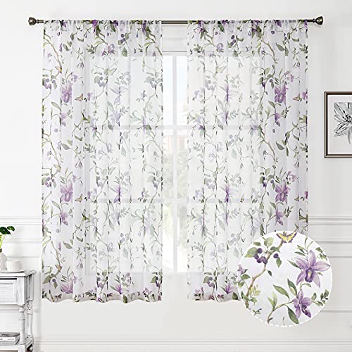 Tollpiz Floral Sheer Curtains Purple Cherry Flower Butterfly Print Living Room Curtain Rod Pocket Voile Linen Look Short White Sheer Curtains for Bedroom, 54 x 45 inches Long, Set of 2 Panels - color: Purple, size: 54"W x 45"L (Pack of 2)