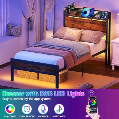 Twin Bed Frame with Headboard,Charging Station and LED Lights | Metal Platform Bed with Charging Station and LED Lights, Noise Free, Easy Assembly,No Box Spring Needed, Brown - size: Twin