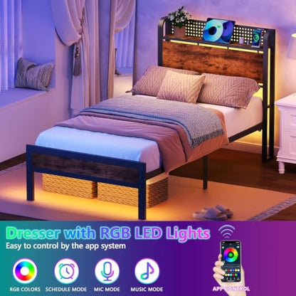 Twin Bed Frame with Headboard,Charging Station and LED Lights | Metal Platform Bed with Charging Station and LED Lights, Noise Free, Easy Assembly,No Box Spring Needed, Brown - size: Twin