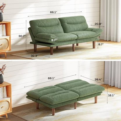 Marsail 66" Futon Sofa Bed, Futon Couch with Adjustable Backrest & Armrests, Convertible Sleeper Sofa Bed for Apartment, Living Room, Office, Corduroy Loveseat, Green