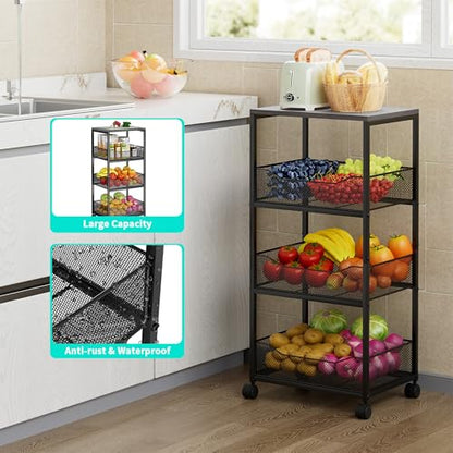 HapiRm Fruit Basket Kitchen Cart - 4-Tier Rolling Storage Cart with Wheels, Fruit Vegetable Basket with Wood Top, Pantry Utility Kitchen Organizer for Fruit Potato Onion Vegetable Bread Snack - color: Grey