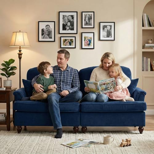 Modular Loveseat Sofa Couch, 2 Seat Comfy Farmhouse Chenille Sofa with Removable Ruffled Skirt, Flared Armrests, Sturdy Legs, Convertible Loveseat for Living Room, Bedroom, Apartment (Blue) - color: Blue, size: 76.4 Inch