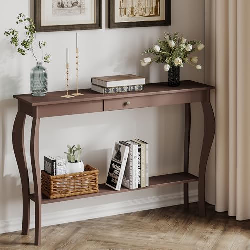 ChooChoo 47 Inch Narrow Console Table with Drawer, Chic Accent Sofa Entryway Table with Shelves for Entryway, Living Room, Hallway, Espresso - color: Espresso, size: 11.8"D x 47.2"W x 31.4"H