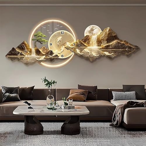 3D Wall Art Clock Decor with LED Light,Plug-in Power Illuminated Mountain Landscape Wall Decorative,Modern Wall Art for Bedroom, Living Room, Apartment, Office(C,35 * 100cm) - color: C, size: 35*100cm