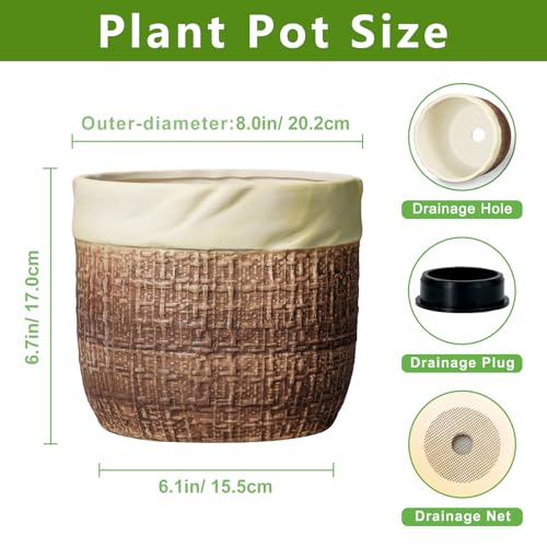 Ceramic Pots for Plants, 8 Inch Plant Pot, Round Planters, Brown | Decorative Plant Pots with Drainage Hole, Boho Flower Pot for Indoor Plants and Flowers, Room Decor, Housewarming Gifts - color: Brown, size: 8 Inch