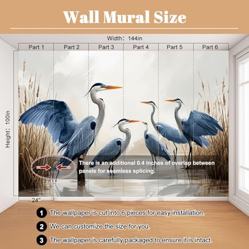 Wall Mural Blue Heron Sea Bird Wild Coastal Birds Vintage Herons Water Reeds Peel & Stick Wallpaper Removable Self-Adhesive Large Wall Sticker Wall Decor for Bedroom Living Room Nursery 100"x144" - color: Multi3, size: 100"x144"