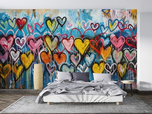Blue Pink Graffiti Modern Abstract Colorful Heart Wall Mural Peel and Stick Art Wallpaper Self Adhesive Removable Mural Large Foil Wall Decor Print Picture - color: Ma-005, size: 124"x177"
