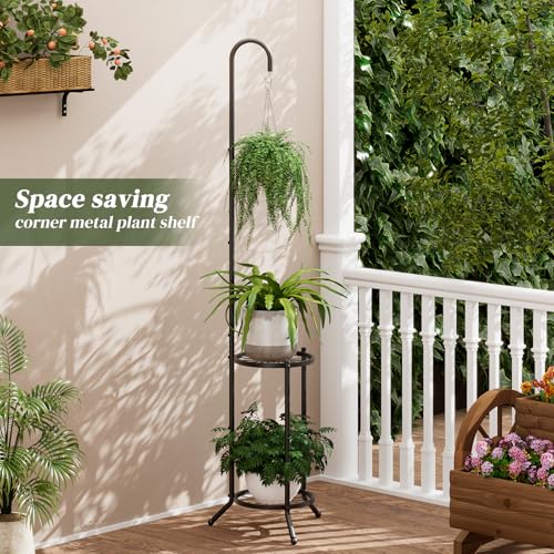 2 Tier Hanging Metal Plant Stand Space Saving Corner Plant Holder | Plant Shelf with Hooks Space Saving Corner Design Fits Bedroom, Balcony,Living Room and Patio Garden