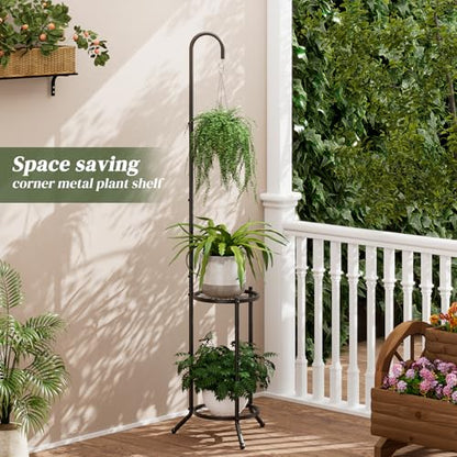 2 Tier Hanging Metal Plant Stand Space Saving Corner Plant Holder | Plant Shelf with Hooks Space Saving Corner Design Fits Bedroom, Balcony,Living Room and Patio Garden