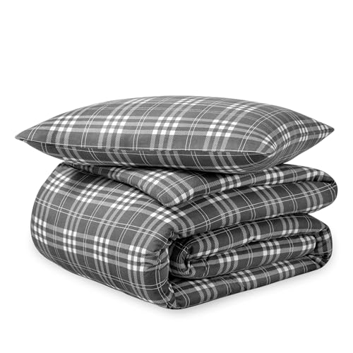 Bare Home Flannel Duvet Cover Set Twin/Twin XL, Stirling Plaid - Grey/White | 100% Cotton, Velvety Soft, Heavyweight, Premium Flannel, Double Brushed, Includes Sham Pillow Cover - color: 15 - Stirling Plaid - Grey/White (No Comforter), size: Twin/Twin XL