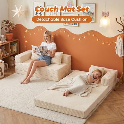 6-in-1 Boneless Couches Modular Sectional Sofa | Cloud Couch Sectional & Tri-Folding Mattress | Corduroy Pet-Friendly Convertible Sofa Bed with 800LB Capacity Living Room, Apartment, Guest Room - color: Beige