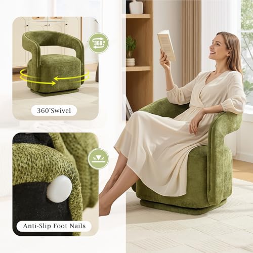 YaFiti Modern Swivel Accent Chair 1 pcs, Round Barrel Armchair, Light Green | Chenille Fabric, 22” Widen Seat, Solid Wood Frame, 250lbs Capacity, Barrel Club Chair, Upholstered Armchair for Living Room - color: Light Green