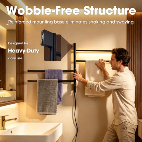 TRUSTMI 4-Swing Electric Towel Warmer with Timer, Matte Black | Rust-proof 304 SS warmer with carbon fiber heat, LED touch 24H timer, and 4 swing arms. Keeps bathroom towels dry - color: Matte Black