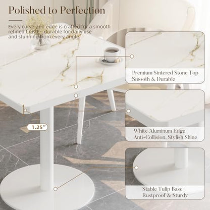 31.5'' Tulip Table, Square Dining Table with Glossy Sintered Stone Tabletop | White Aluminum Alloy Edge & Pedestal, Small Bistro Table for Dining Room/Café/Small Spaces/Restaurant (Calacatta Gold) - color: Calacatta Gold (White Edge), size: Square
