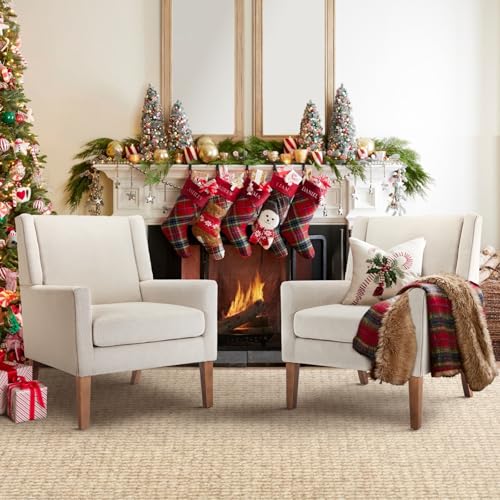 COLAMY Modern Wingback Living Room Chair Set of 2, Upholstered Fabric Accent Armchair, Single Sofa Chair with Lounge Seat and Wood Legs for Bedroom/Office/Reading Spaces, Beige - color: Beige, size: Set of 2