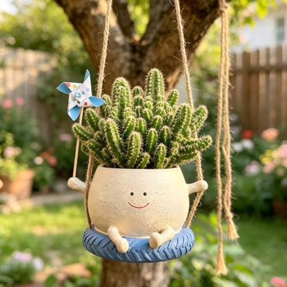 Smiley Face Hanging Planter with Spinning Windmill, 4 Inch Resin Flower Pots with Drainage Hole & Mesh Pad, Cute Succulent Planter for Small Plants, Gardening Gift, Indoor Outdoor Garden Decor