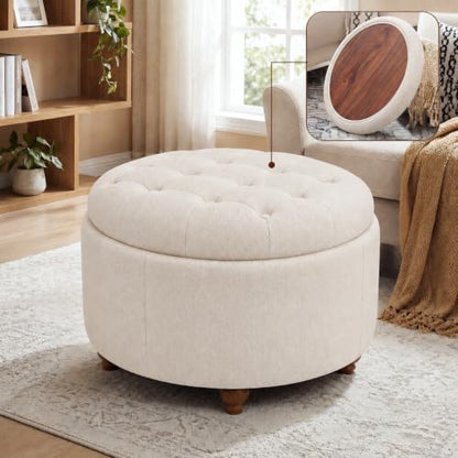 25" Round Ottoman with Storage, Small Coffee Table with Reversible Tray Lid | Tufted Fabric Round Storage Ottoman with Solid Wood Legs, 3-in-1 Footrest for Living Room, Bedroom, Entryway, Camel - color: Camel