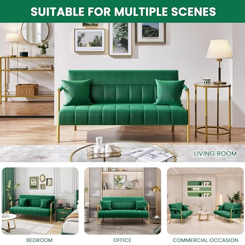 Yaheetech 56.5" Smal Sofa 2 Seater Couch with Gold-Tone Legs, Green | Small Sofa Loveseat Velve 2 Seater Couch with Tufted Back Gold Metal Frame 2 Pillows for Office, Studio,Living Room - color: Green, size: 56.5" W