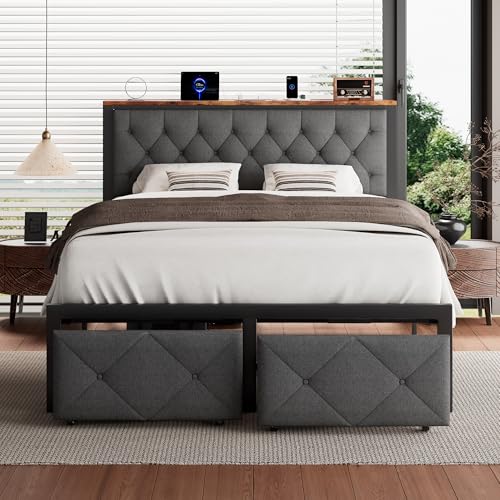 iPormis Full Bed Frame with 2 Storage Drawers, Linen Upholstered Headboard Platform Bed with Charging Station, No Box Spring Needed, Metal Slats Support, Noise-Free, Easy Assembly, Grey - color: Grey, size: Full