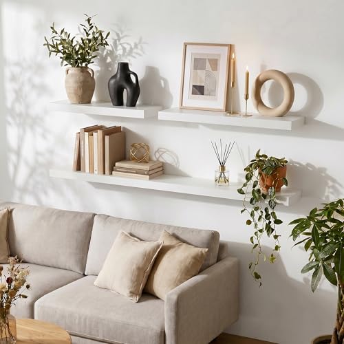 fuqing 20 Inch Floating Shelves, 6.7 Inch Deep White Wall Shelves Set of 2 | 20'' x 6.7'' x 1.4'' White Wood Shelves for Bathroom, Living Room, 35LBS, Lightweight, Hardware Included, Waterproof Finish - color: White, size: 20 Inch