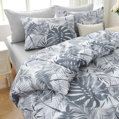 Black&Grey Bed in a Bag King 7 Pieces, King Comforter Set Reversible Botanical Flowers Design, Ultra Soft & Breathable Bedding Sets with Comforter, Sheets, Pillowcases & Shams - color: Black Grey Leaves, size: King(104"x 90")