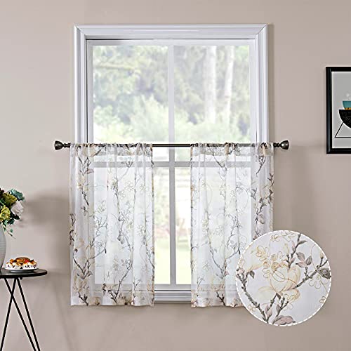 Tollpiz Floral Short White Sheer Tier Curtains Flower Print Vine Embroidery Kitchen Half Curtain Rod Pocket Café Voile Window Curtains for Bathroom, 30 x 24 inches Long, Set of 2 Panels - color: White, size: 30"W x 24"L (Pack of 2)