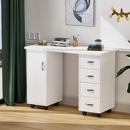 OmySalon Manicure Table Nail Desk w/Cabinet, Drawers, Wheels & Wrist Rest, Spa Salon Beauty Home Wooden Technician Workstation Nail Art Equipment for Nail Tech, White - color: White