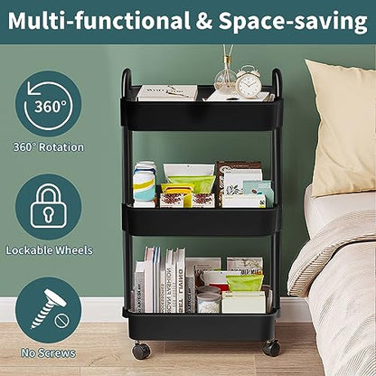 EZ COZY 3 Tier Rolling Cart, Plastic Diaper Cart Organizer with Wheels, Roller Cart for Diapers, Baby Nursery, Kitchen, Bathroom, Living Room and Bedside, Black - color: Black