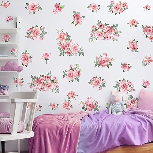 Pink Flowers & Green Leaves Wall Decals - Removable Peel & Stick Garden Floral Wall Stickers for Bedroom & Living Room - color: Pink