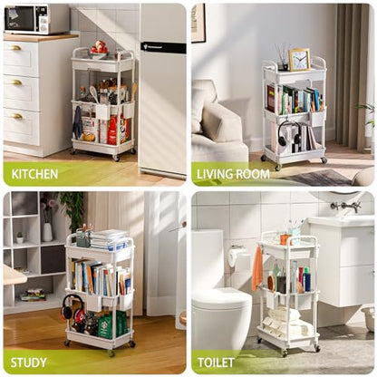 Sorgion 3 Tier Rolling Cart Organizer,Laundry Room Bathroom Organizers and Storage Office Shelves Mobile Shelving Unit Kitchen Trolley Cart with Wheels for Art,Craft,Diaper,Bedside,Snack(White) - size: 3Tier-White