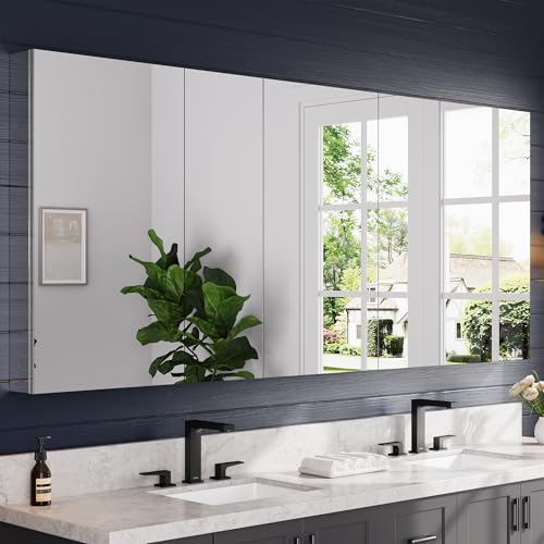 84"x36" Medicine Cabinet with Mirror & Soft Close Hinges, Surface Mount or Recessed Medicine Cabinet with Adjustable Shelves, Bathroom Wall Medicine Cabinet with Storage, Aluminum Alloy Frame, Combo - size: 84" x 36"