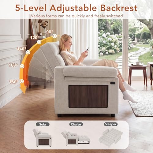 Vipbear Sleeper Sofa Bed, 70" Pull Out Futon Couch with Small Table| USB Port | Side Pockets | Tool-Free Assembly | Adjustable Backrest for Apartment, Office, Guest Room, Chenille Beige - color: Beige