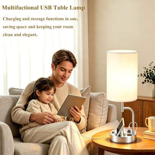 Dreamholder 2 Pack Table Lamp, Bedside Lamp with 3 USB Charging Ports & AC Outlet, USB Desk Lamp with 2 Phone Holders, Linen Fabric Shade Nightstand Lamps for Bedroom Living Room Office, Silver - color: Silver