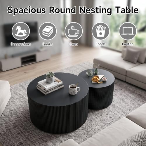 Nesting Round Coffee Table Set of 2 Black No Assembly | Nesting Coffee Tables for Living Room, MDF Wood Nightstands, Modern Drum Side End Tables with Vertical Fluted Design - color: Black