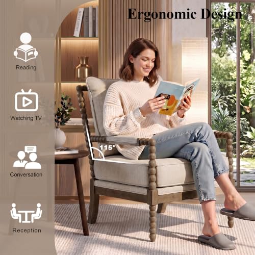DUHOME Linen Fabric Spindle Accent Chair with Wood Frame,Modern Accent Chairs with Padded Spring Seat and Brushed White Base for Living Room Bedroom Farmhouse Home Office Belcony - color: Brown+cream, size: 1 pc