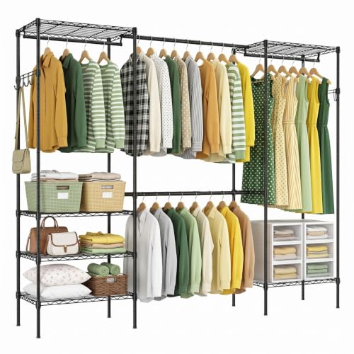 Expandable Clothes Rack, 15.7" D x (70.9"-90.6") W x 76.8" H, Black | Freestanding Wire Garment Clothing Rack with 4 Hanging Rods, Max Load 1000lbs, Adjustable, Heavy Duty - color: Black